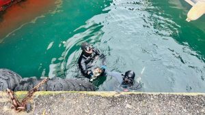 Karşıyaka Vapur İskelesi altında mahsur kalan kedi kurtarıldı